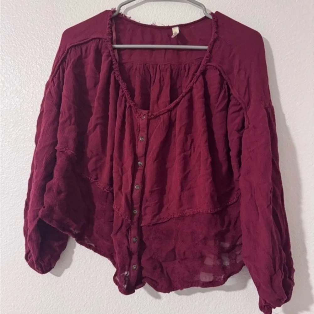 Free People Deep Red Button-Up Blouse Size XS